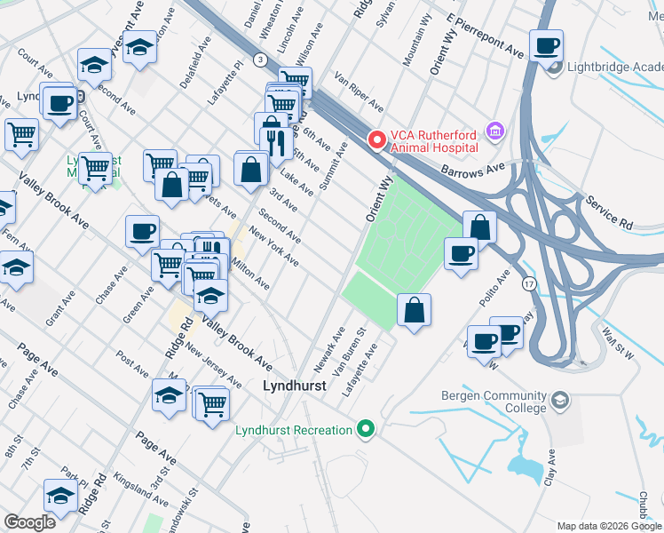 map of restaurants, bars, coffee shops, grocery stores, and more near 741 2nd Avenue in Lyndhurst