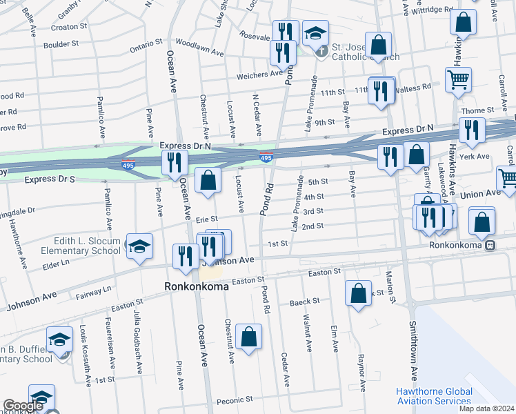 map of restaurants, bars, coffee shops, grocery stores, and more near 2506 Pond Road in Ronkonkoma