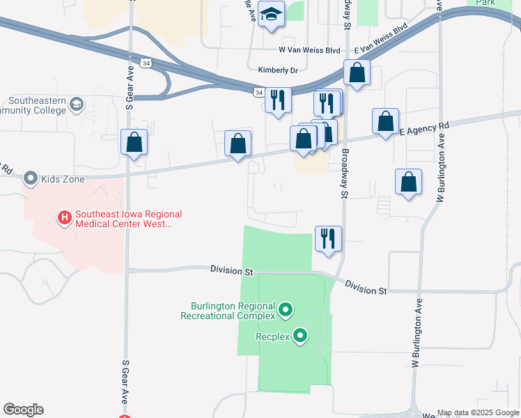 map of restaurants, bars, coffee shops, grocery stores, and more near 503 West Agency Road in West Burlington