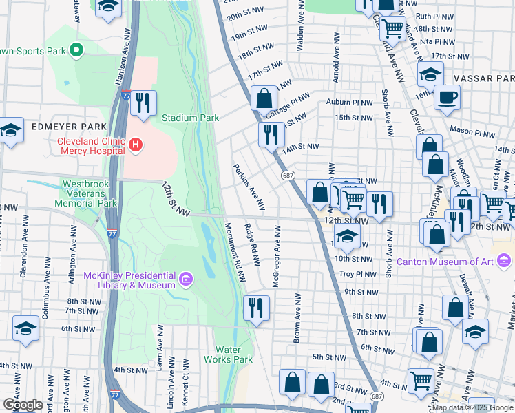 map of restaurants, bars, coffee shops, grocery stores, and more near 1217 Perkins Avenue Northwest in Canton