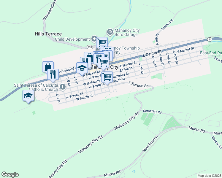 map of restaurants, bars, coffee shops, grocery stores, and more near 111 South Main Street in Mahanoy City