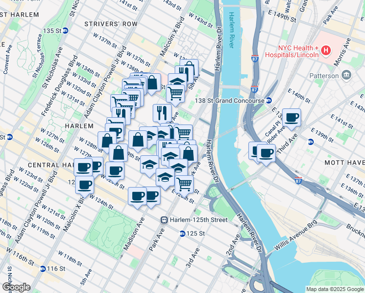 map of restaurants, bars, coffee shops, grocery stores, and more near Madison Ave & E 132nd St in New York