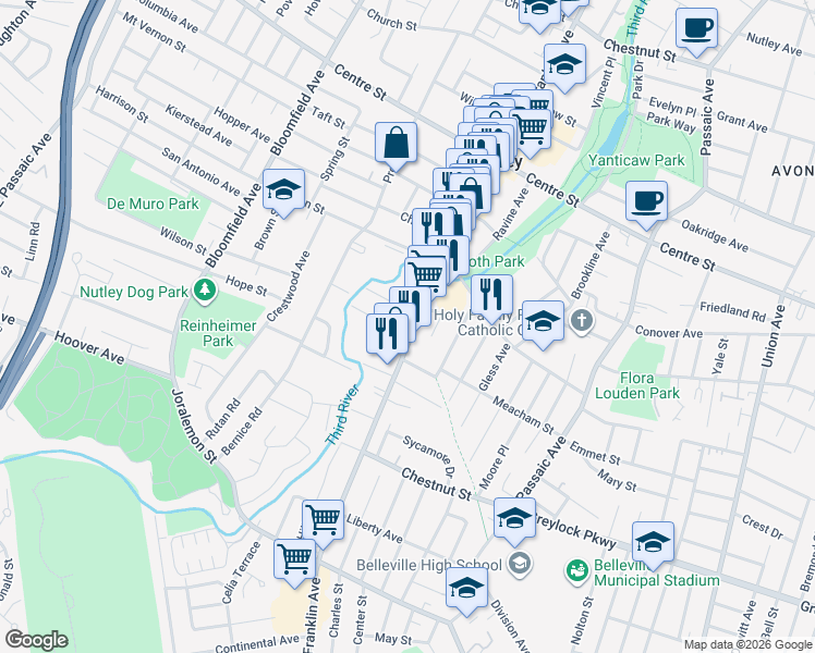 map of restaurants, bars, coffee shops, grocery stores, and more near 49 Franklin Avenue in Nutley