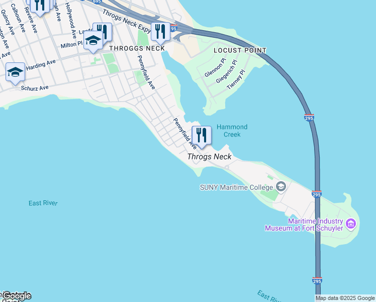 map of restaurants, bars, coffee shops, grocery stores, and more near 12 Soundview Terrace in Bronx