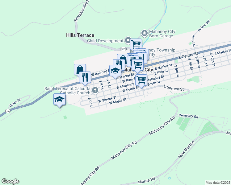 map of restaurants, bars, coffee shops, grocery stores, and more near 315 West South Street in Mahanoy City