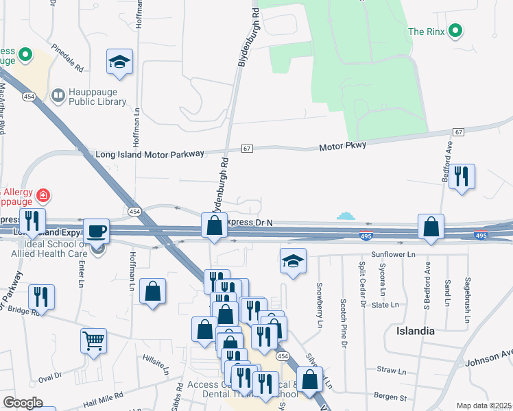 map of restaurants, bars, coffee shops, grocery stores, and more near 602 Town House Village in Hauppauge