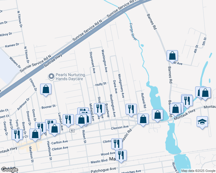 map of restaurants, bars, coffee shops, grocery stores, and more near 44 Washington Avenue in Mastic