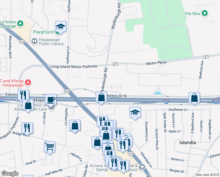 map of restaurants, bars, coffee shops, grocery stores, and more near 1204 Town House Village in Islandia