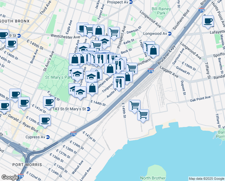 map of restaurants, bars, coffee shops, grocery stores, and more near 486 Timpson Place in The Bronx