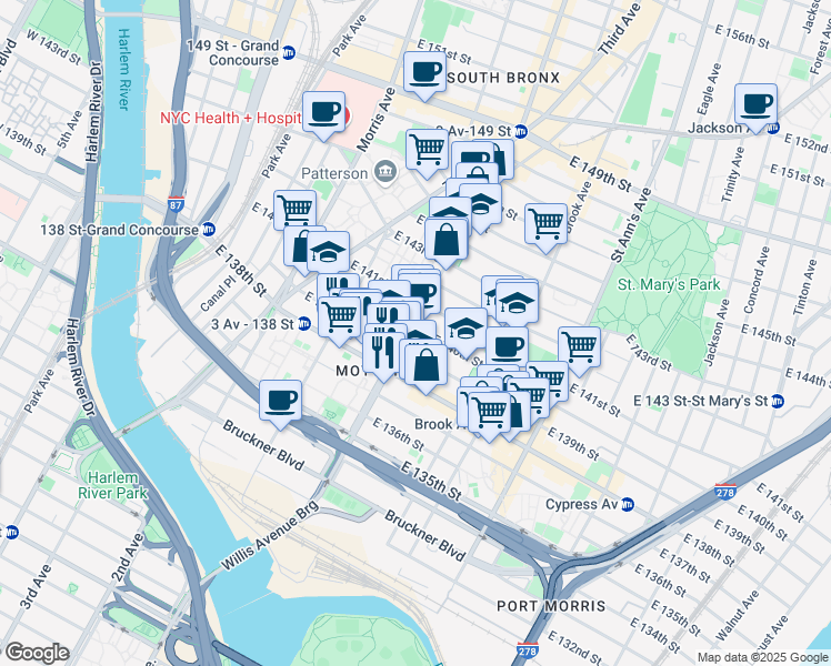 map of restaurants, bars, coffee shops, grocery stores, and more near in The Bronx