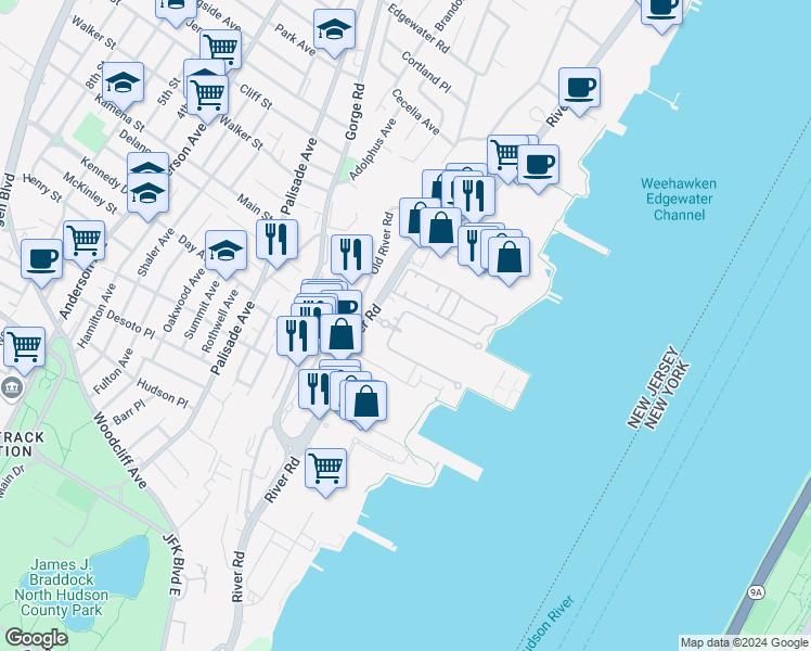 map of restaurants, bars, coffee shops, grocery stores, and more near 5 Independence Way in Edgewater