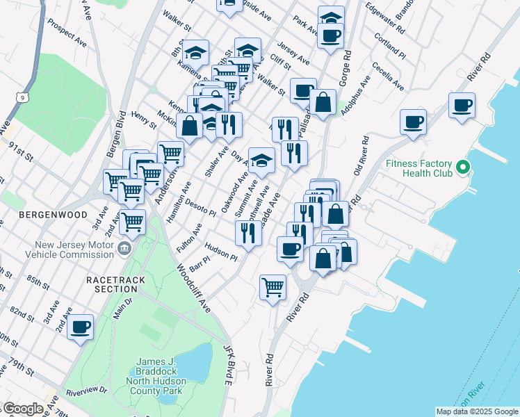 map of restaurants, bars, coffee shops, grocery stores, and more near 225 Prospect Avenue in Cliffside Park