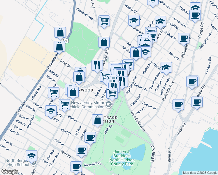 map of restaurants, bars, coffee shops, grocery stores, and more near 9245 John F. Kennedy Boulevard in North Bergen
