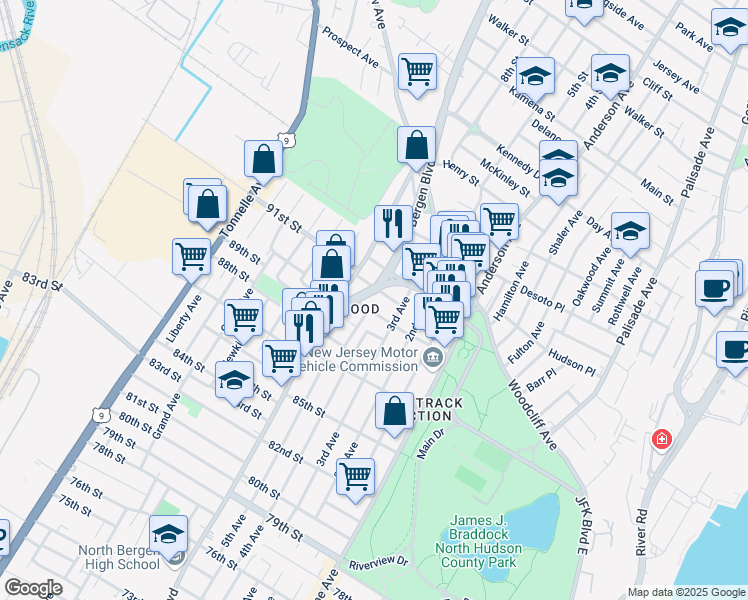 map of restaurants, bars, coffee shops, grocery stores, and more near 9023 John F. Kennedy Boulevard in North Bergen