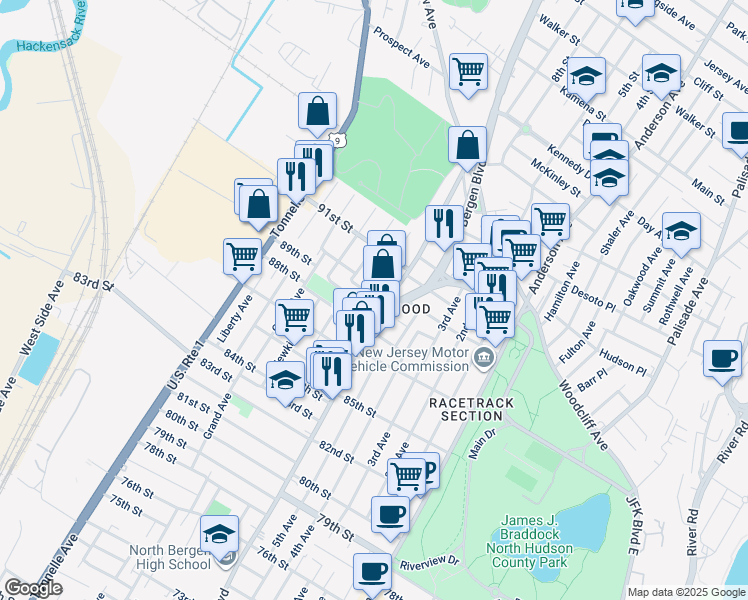 map of restaurants, bars, coffee shops, grocery stores, and more near in North Bergen