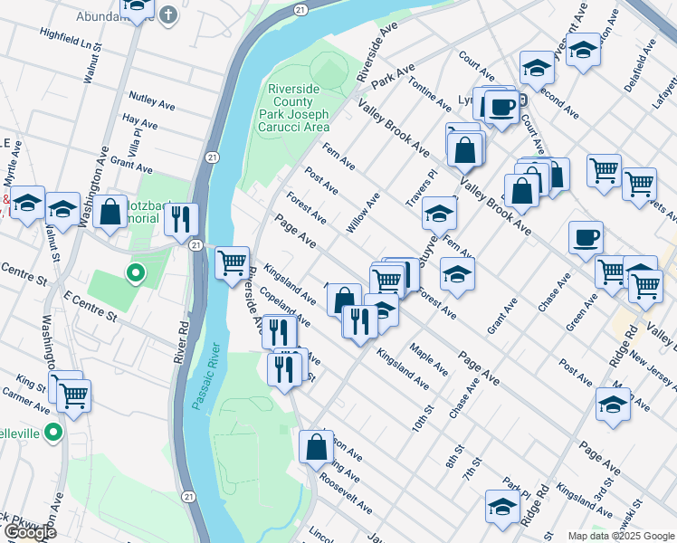 map of restaurants, bars, coffee shops, grocery stores, and more near 204 Page Avenue in Lyndhurst