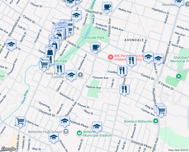map of restaurants, bars, coffee shops, grocery stores, and more near 94 Passaic Avenue in Nutley
