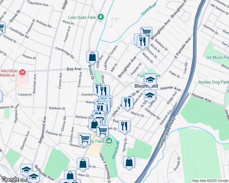 map of restaurants, bars, coffee shops, grocery stores, and more near 33 Morris Place in Bloomfield