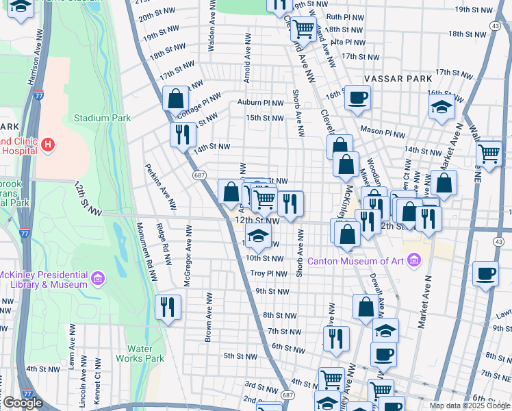 map of restaurants, bars, coffee shops, grocery stores, and more near 1233 Oxford Avenue Northwest in Canton