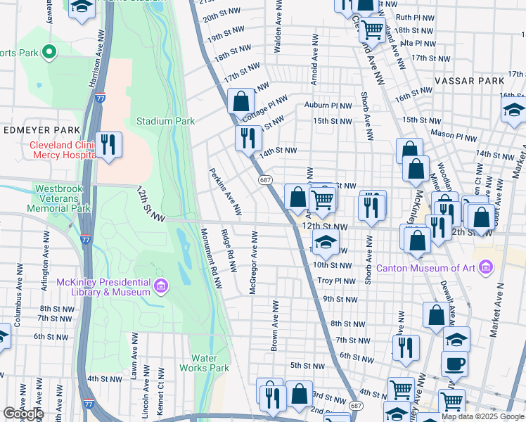 map of restaurants, bars, coffee shops, grocery stores, and more near 1228 McGregor Avenue Northwest in Canton