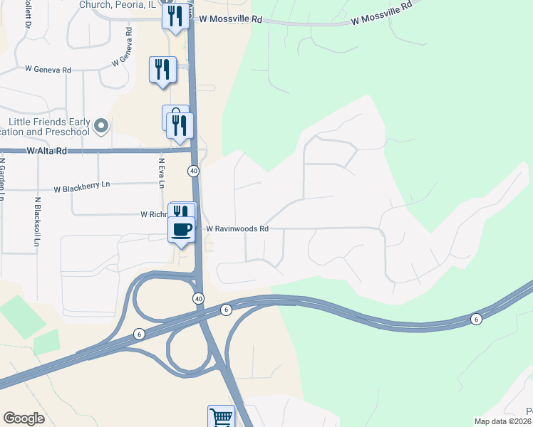 map of restaurants, bars, coffee shops, grocery stores, and more near 1021 West Raven Road in Peoria