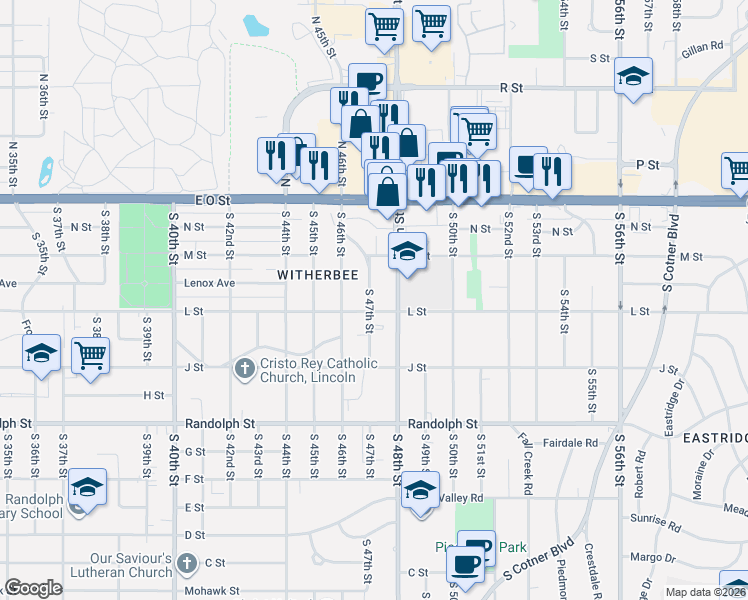 map of restaurants, bars, coffee shops, grocery stores, and more near 355 South 48th Street in Lincoln