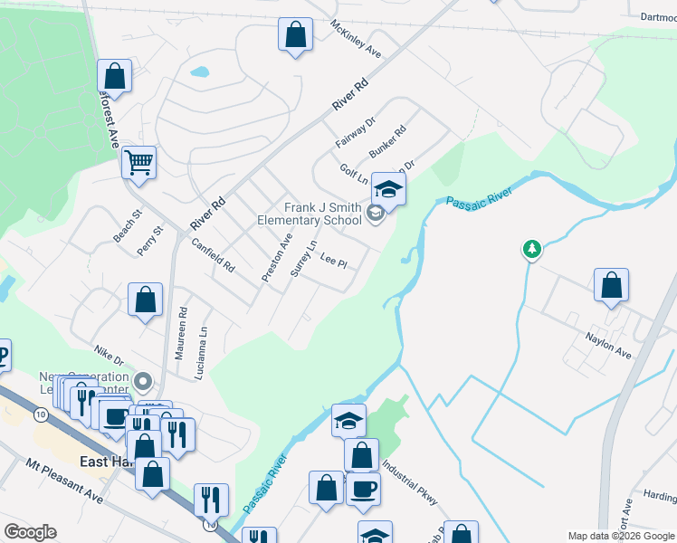 map of restaurants, bars, coffee shops, grocery stores, and more near 18 Lee Place in East Hanover