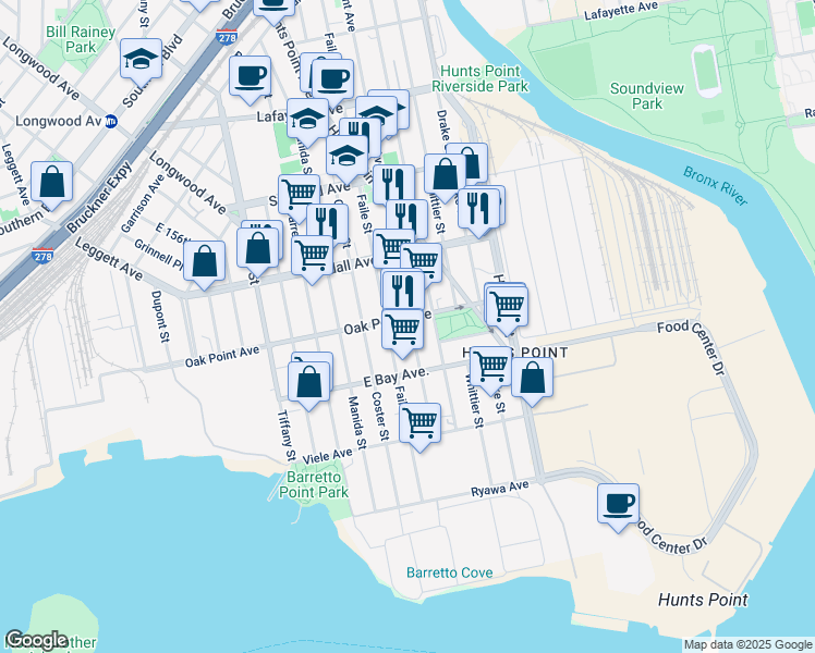 map of restaurants, bars, coffee shops, grocery stores, and more near 1316 Oak Point Avenue in The Bronx