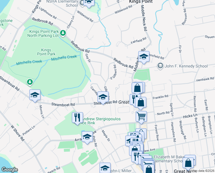 map of restaurants, bars, coffee shops, grocery stores, and more near 17 Gilbert Road in Great Neck