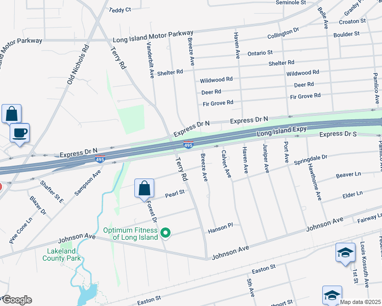 map of restaurants, bars, coffee shops, grocery stores, and more near 4052 Express Drive South in Ronkonkoma
