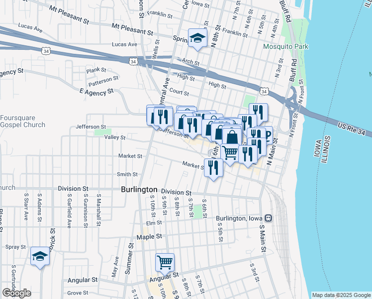 map of restaurants, bars, coffee shops, grocery stores, and more near 800 Valley Street in Burlington