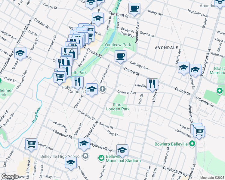 map of restaurants, bars, coffee shops, grocery stores, and more near 90 Msgr Blake in Nutley