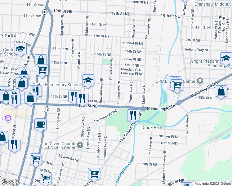 map of restaurants, bars, coffee shops, grocery stores, and more near 1417 Pontius Place Northeast in Canton