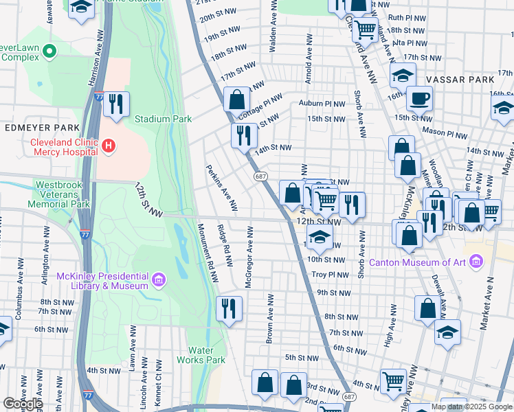 map of restaurants, bars, coffee shops, grocery stores, and more near 1339 Diana Place Northwest in Canton