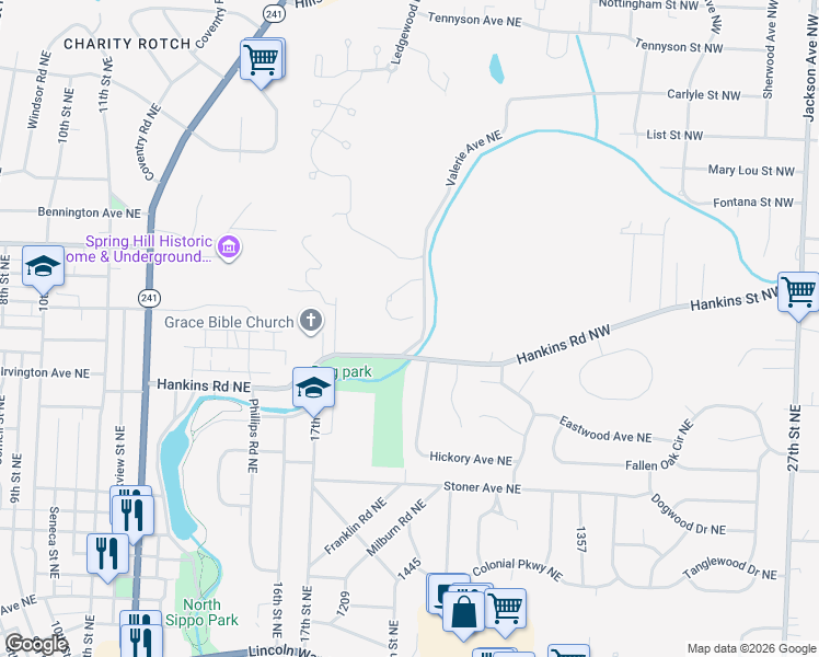 map of restaurants, bars, coffee shops, grocery stores, and more near 1147 Valerie Avenue Northeast in Massillon