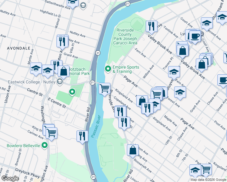 map of restaurants, bars, coffee shops, grocery stores, and more near 612 Riverside Avenue in Lyndhurst