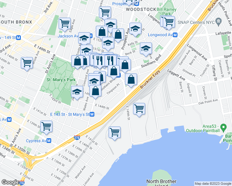 map of restaurants, bars, coffee shops, grocery stores, and more near 880 East 147th Street in Bronx