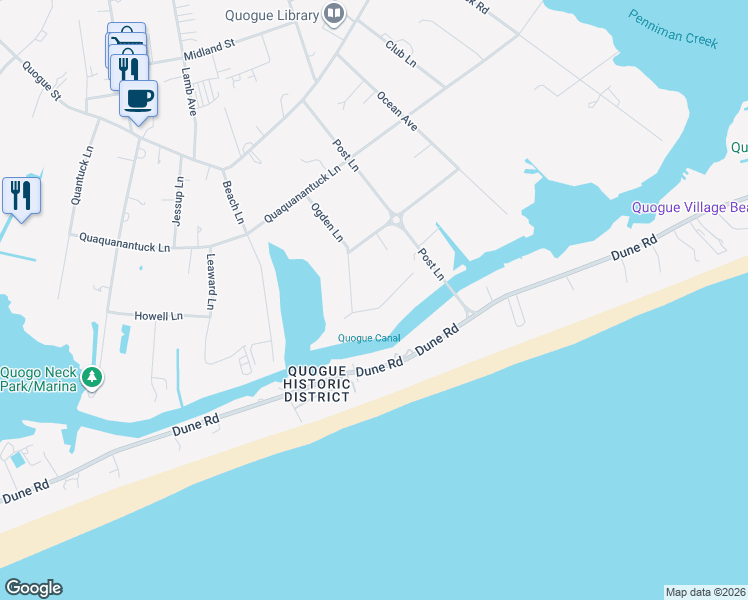 map of restaurants, bars, coffee shops, grocery stores, and more near 28 Ogden Lane in Quogue