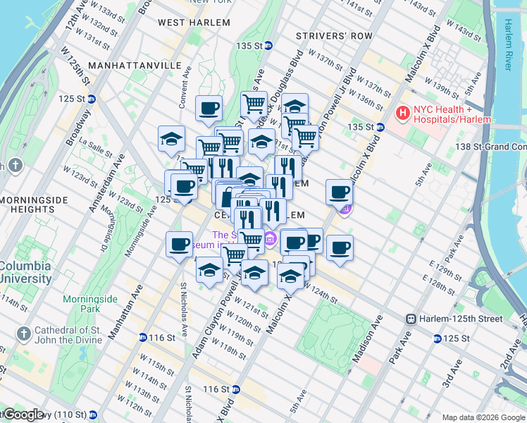 map of restaurants, bars, coffee shops, grocery stores, and more near 2130 Adam Clayton Powell Jr Blvd in New York