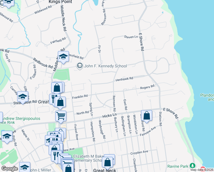 map of restaurants, bars, coffee shops, grocery stores, and more near 20 Henhawk Road in Kings Point
