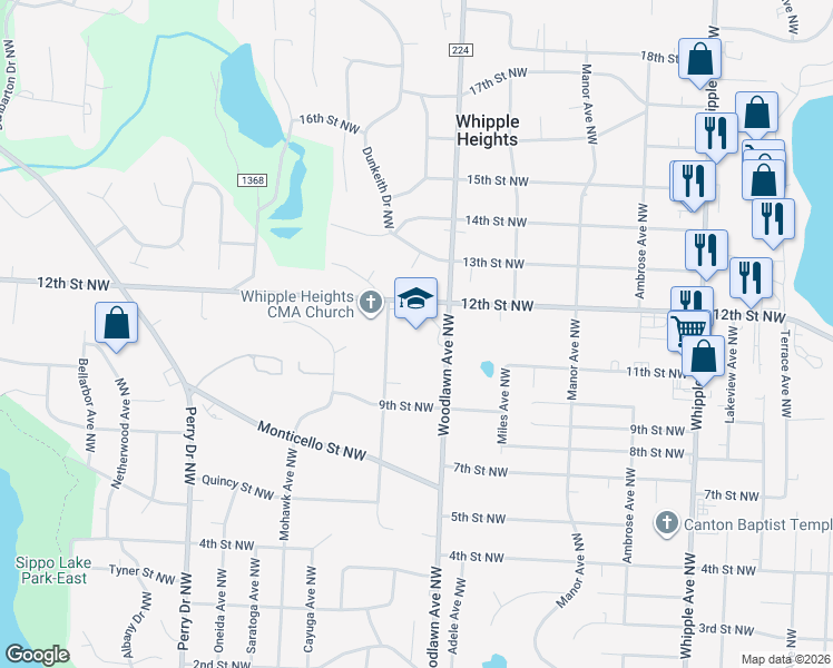 map of restaurants, bars, coffee shops, grocery stores, and more near 4800 12th Street Northwest in Canton