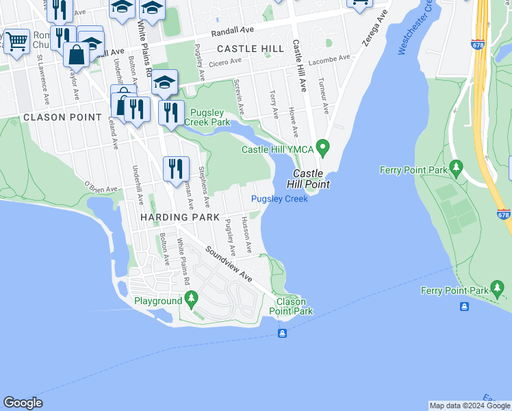 map of restaurants, bars, coffee shops, grocery stores, and more near 2019 Gildersleeve Avenue in Bronx