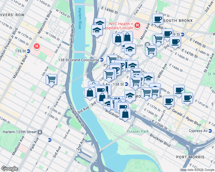 map of restaurants, bars, coffee shops, grocery stores, and more near 2495 3rd Avenue in The Bronx
