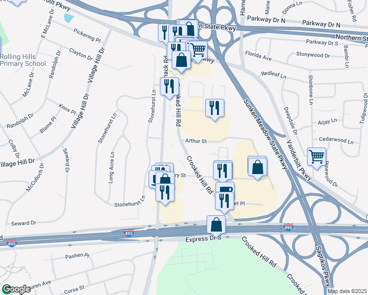 map of restaurants, bars, coffee shops, grocery stores, and more near 45 Crooked Hill Road in Commack