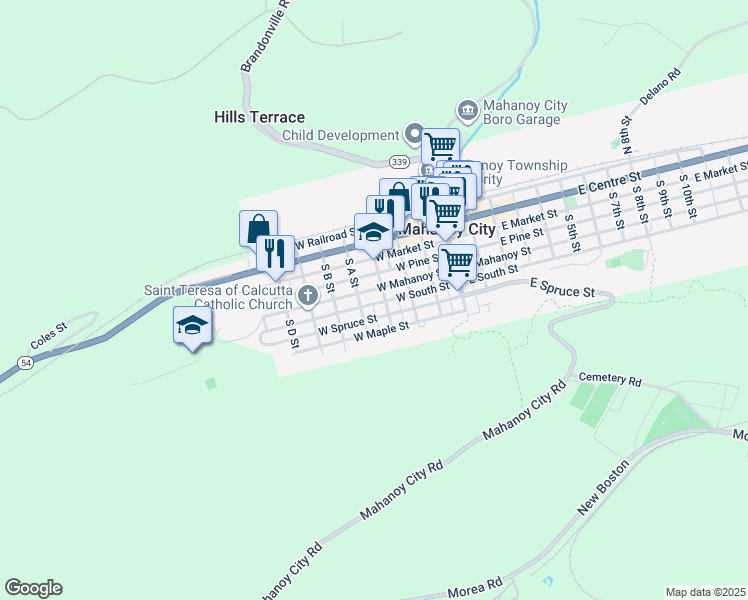 map of restaurants, bars, coffee shops, grocery stores, and more near 315 West South Street in Mahanoy City