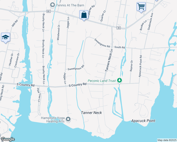 map of restaurants, bars, coffee shops, grocery stores, and more near 6 Amber Lane in Westhampton