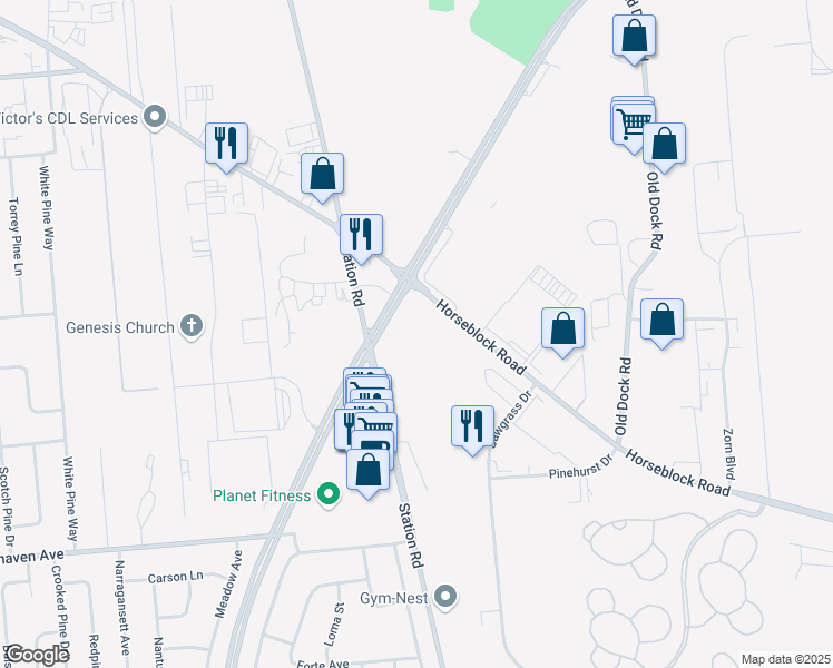 map of restaurants, bars, coffee shops, grocery stores, and more near 50 Horseblock Road in Yaphank