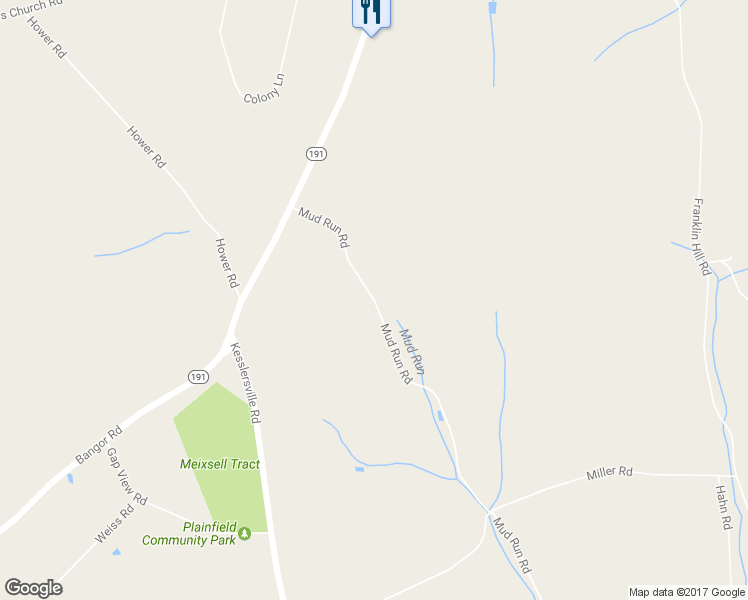 map of restaurants, bars, coffee shops, grocery stores, and more near 6274 Mud Run Road in Nazareth