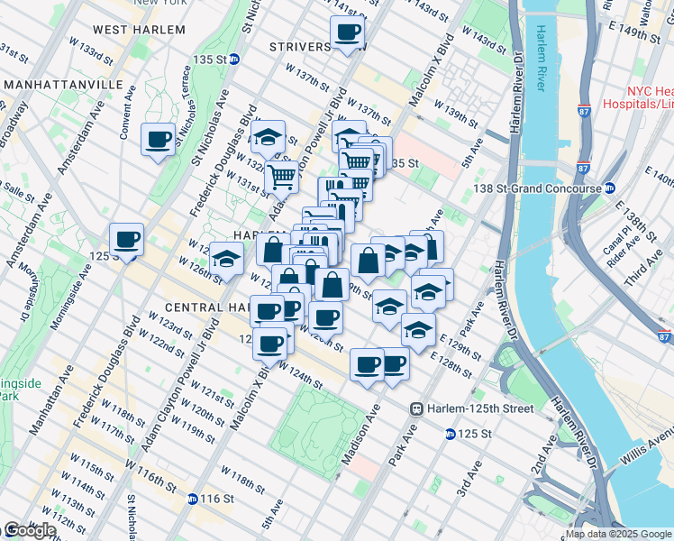 map of restaurants, bars, coffee shops, grocery stores, and more near 55 West 129th Street in New York