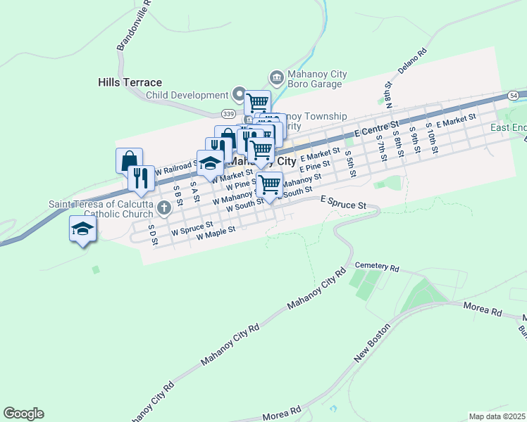 map of restaurants, bars, coffee shops, grocery stores, and more near 116 Harrison Street in Mahanoy City
